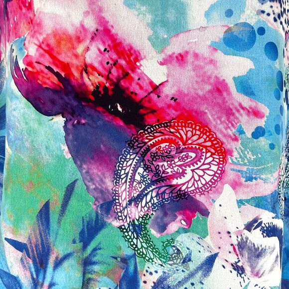 Chicos Size 1 Scarf Top M Colorful Watercolor Kimono Blue Pink White Semi Sheer - Picture 4 of 9